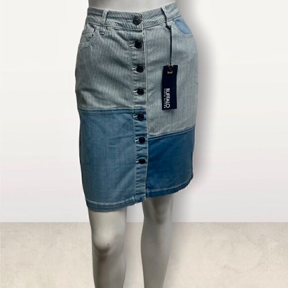 Buffalo Mixed Print Patchwork Denim Vertical Striped 70s Look Skirt Sz 4 NWT - Picture 2 of 7